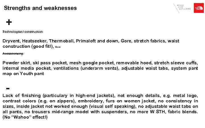 Strengths and weaknesses + Technologies / construction: Dryvent, Heatseeker, Thermoball, Primaloft and down, Gore,