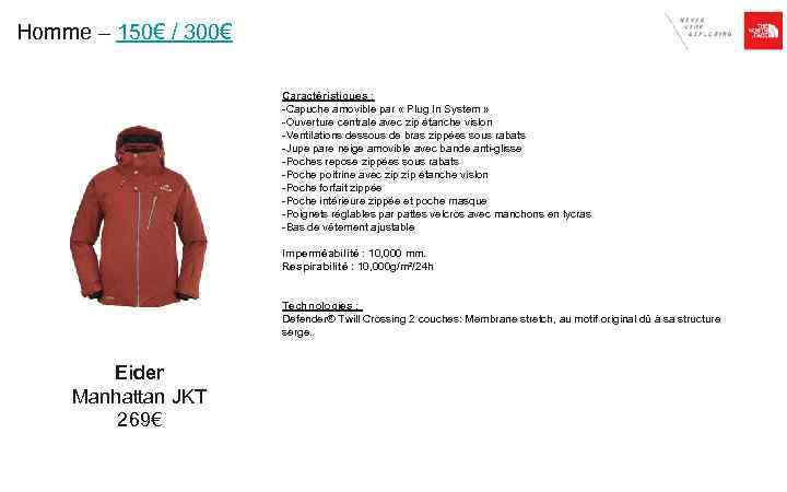 Homme – 150€ / 300€ Caractéristiques : -Capuche amovible par « Plug In System