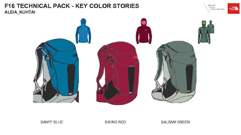 F 16 TECHNICAL PACK - KEY COLOR STORIES ALEIA_KUHTAI BANFF BLUE BIKING RED BALSAM