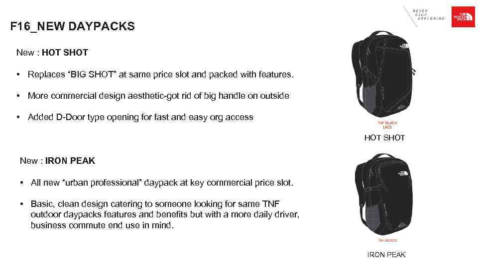 F 16_NEW DAYPACKS New : HOT SHOT • Replaces “BIG SHOT” at same price