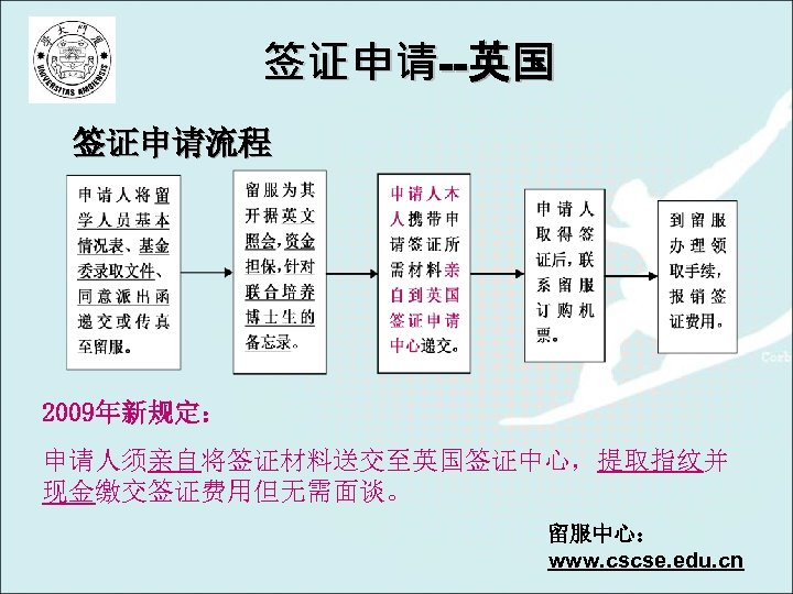 签证申请--英国 签证申请流程 2009年新规定： 申请人须亲自将签证材料送交至英国签证中心，提取指纹并 现金缴交签证费用但无需面谈。 留服中心： www. cscse. edu. cn 