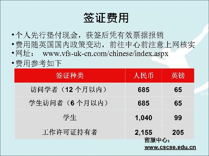 签证费用 • 个人先行垫付现金，获签后凭有效票据报销 • 费用随英国国内政策变动，前往中心前注意上网核实 • 网址： www. vfs-uk-cn. com/chinese/index. aspx • 费用参考如下 留服中心：