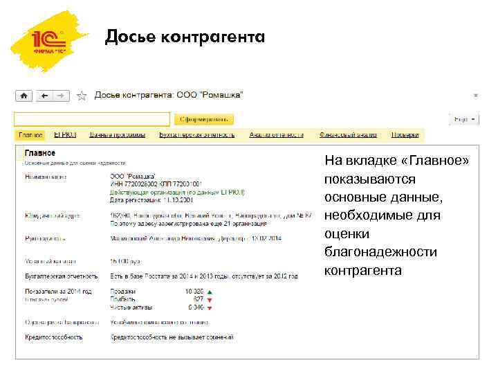 Досье контрагента На вкладке «Главное» показываются основные данные, необходимые для оценки благонадежности контрагента 