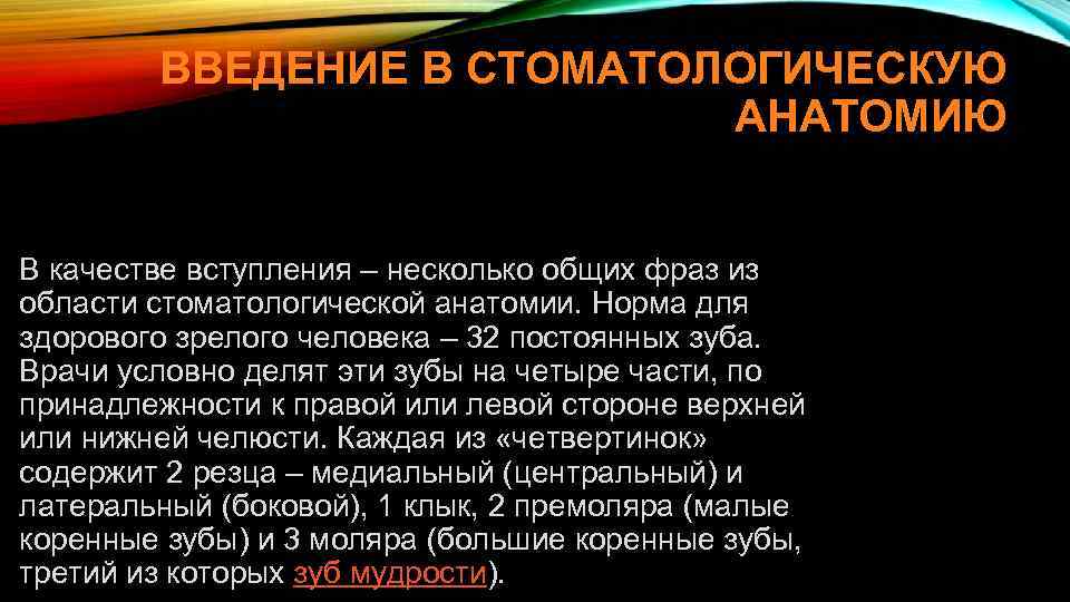 ВВЕДЕНИЕ В СТОМАТОЛОГИЧЕСКУЮ АНАТОМИЮ В качестве вступления – несколько общих фраз из области стоматологической