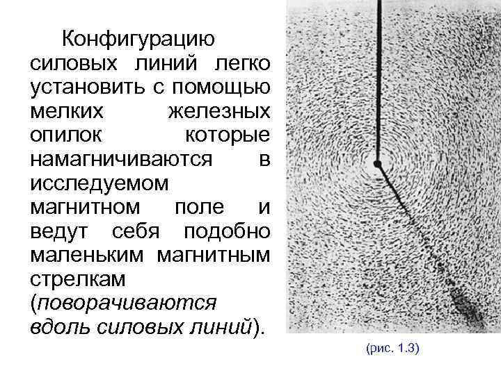 Конфигурацию силовых линий легко установить с помощью мелких железных опилок которые намагничиваются в исследуемом