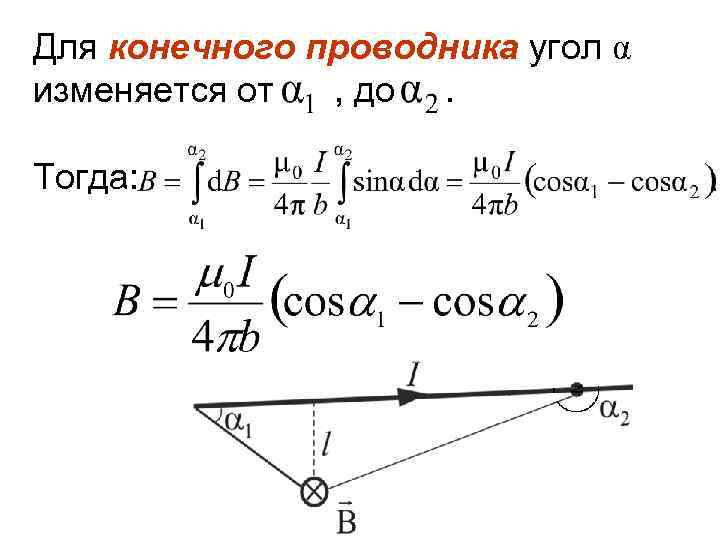 Для конечного проводника угол α изменяется от , до. Тогда: 