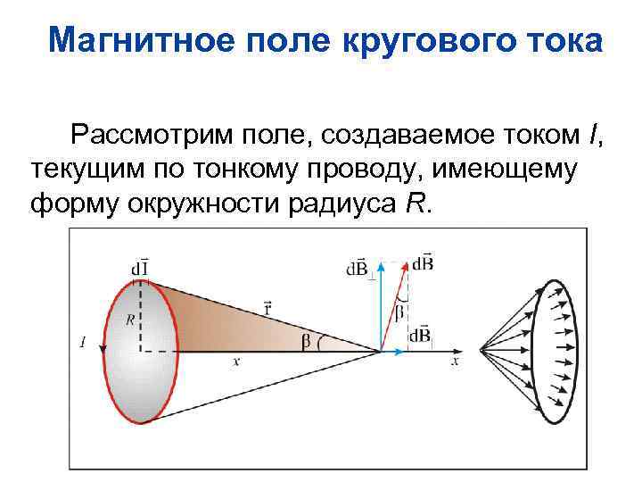 Магнитное поле кругового тока Рассмотрим поле, создаваемое током I, текущим по тонкому проводу, имеющему