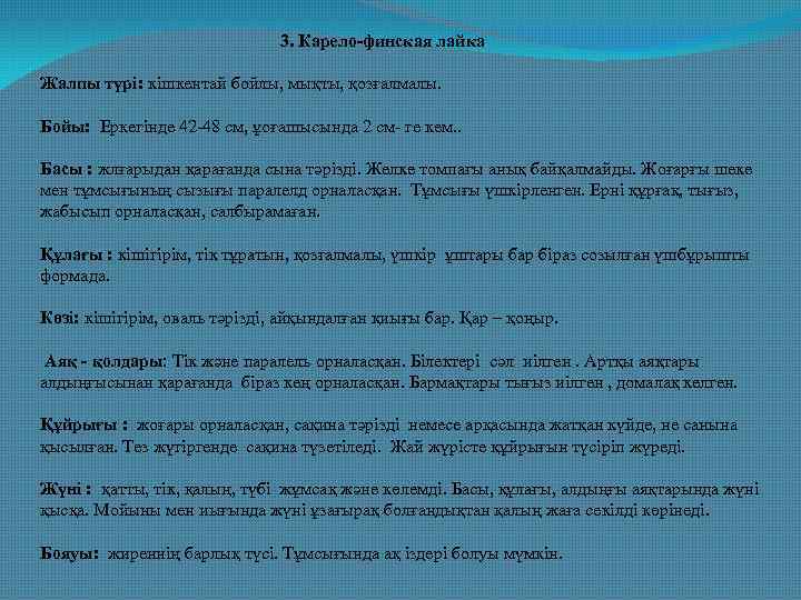 3. Карело-финская лайка Жалпы түрі: кішкентай бойлы, мықты, қозғалмалы. Бойы: Еркегінде 42 -48 см,