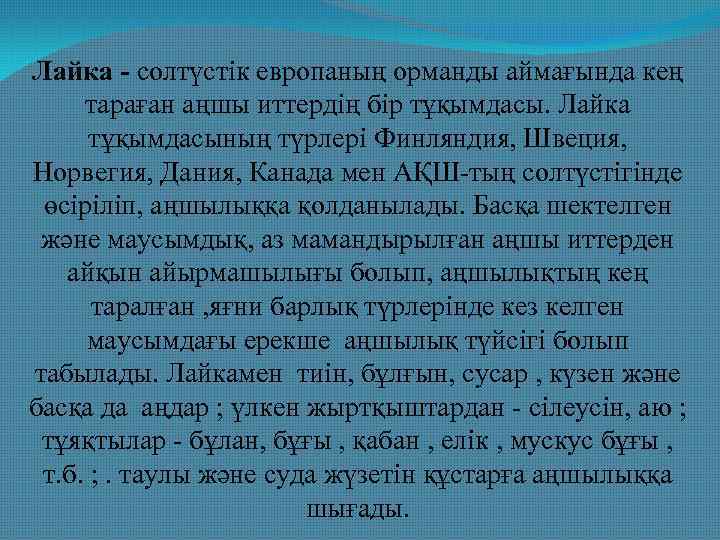 Лайка - солтүстік европаның орманды аймағында кең тараған аңшы иттердің бір тұқымдасы. Лайка тұқымдасының