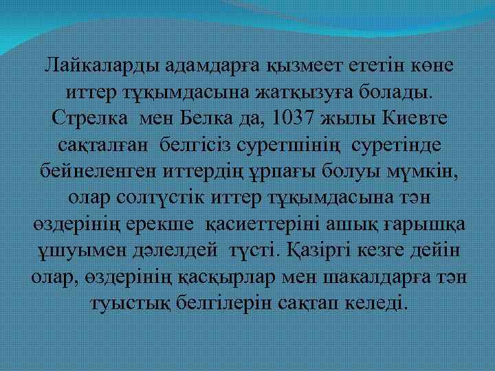 Лайкаларды адамдарға қызмеет ететін көне иттер тұқымдасына жатқызуға болады. Стрелка мен Белка да, 1037