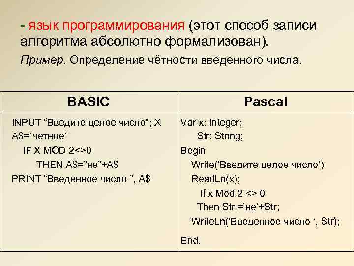 - язык программирования (этот способ записи алгоритма абсолютно формализован). Пример. Определение чётности введенного числа.