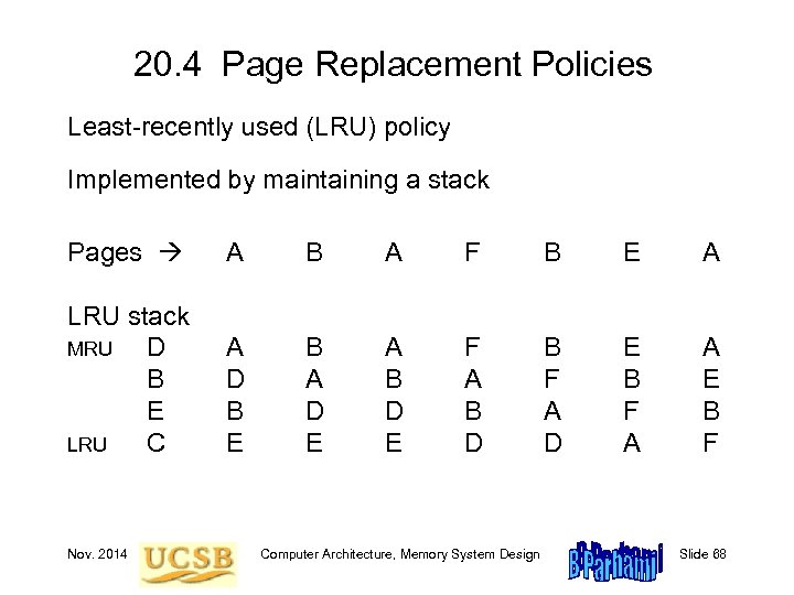 20. 4 Page Replacement Policies Least-recently used (LRU) policy Implemented by maintaining a stack