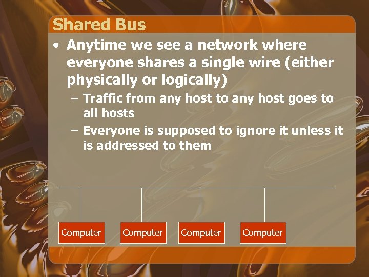 Shared Bus • Anytime we see a network where everyone shares a single wire