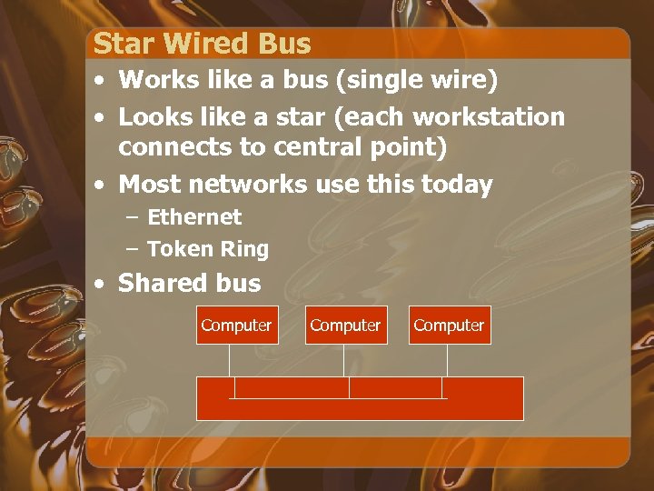 Star Wired Bus • Works like a bus (single wire) • Looks like a