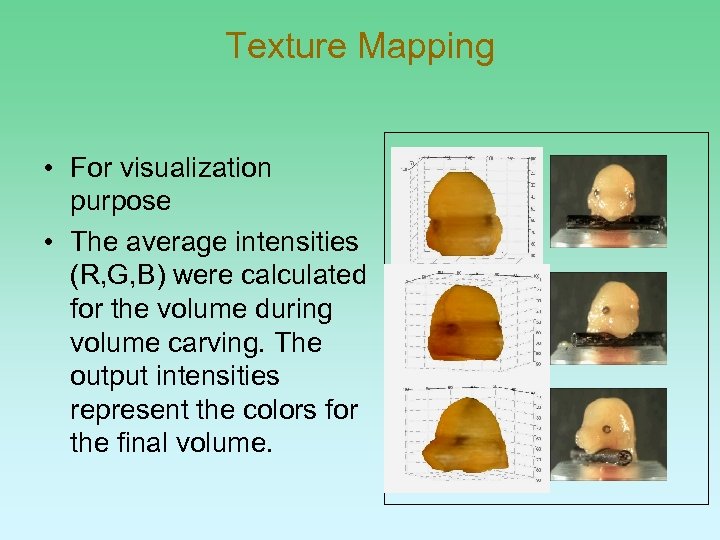 Texture Mapping • For visualization purpose • The average intensities (R, G, B) were