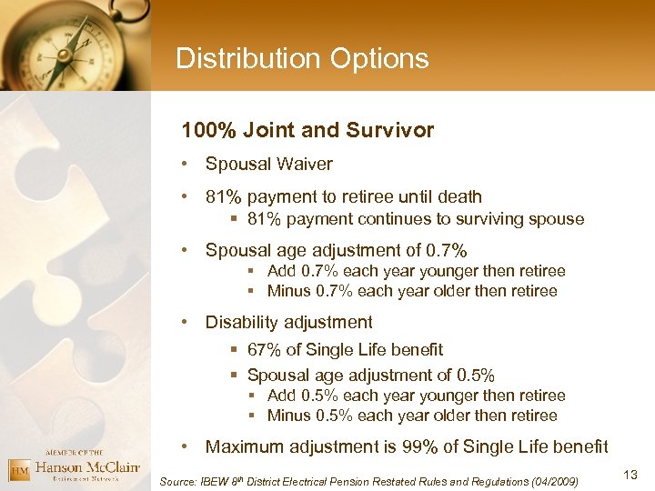 Distribution Options 100% Joint and Survivor • Spousal Waiver • 81% payment to retiree