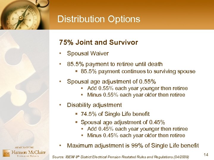 Distribution Options 75% Joint and Survivor • Spousal Waiver • 85. 5% payment to