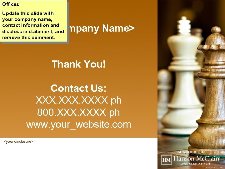 Offices: Update this slide with your company name, contact information and disclosure statement, and