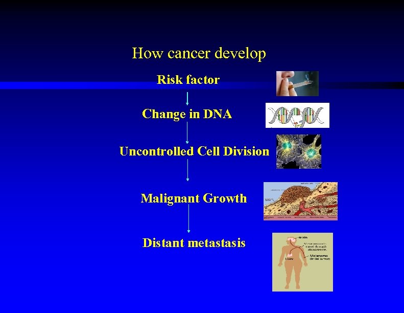 How cancer develop Risk factor Change in DNA Uncontrolled Cell Division Malignant Growth Distant
