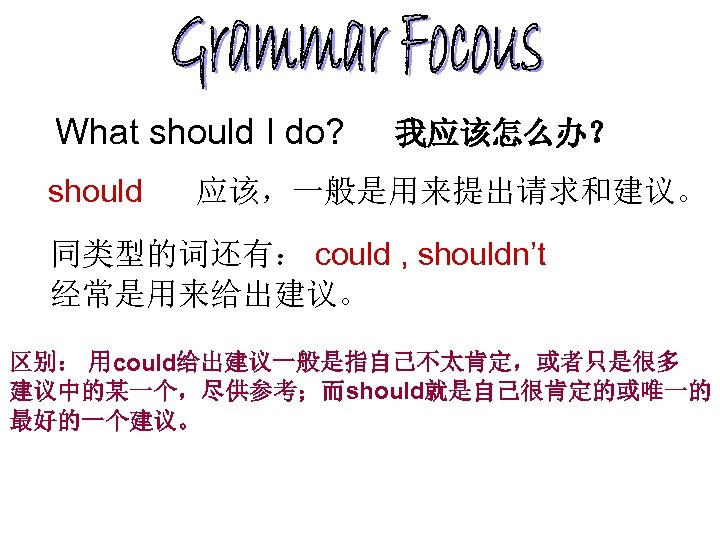 What should I do? should 我应该怎么办？ 应该，一般是用来提出请求和建议。 同类型的词还有： could , shouldn’t 经常是用来给出建议。 区别： 用could给出建议一般是指自己不太肯定，或者只是很多