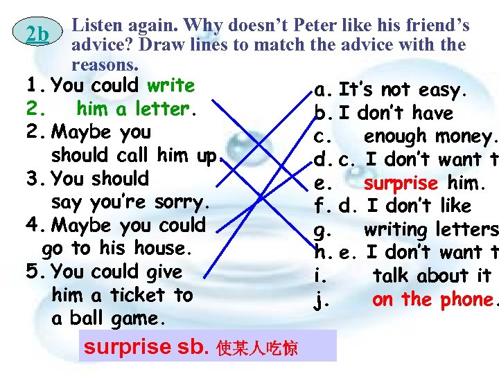 Listen again. Why doesn’t Peter like his friend’s advice? Draw lines to match the