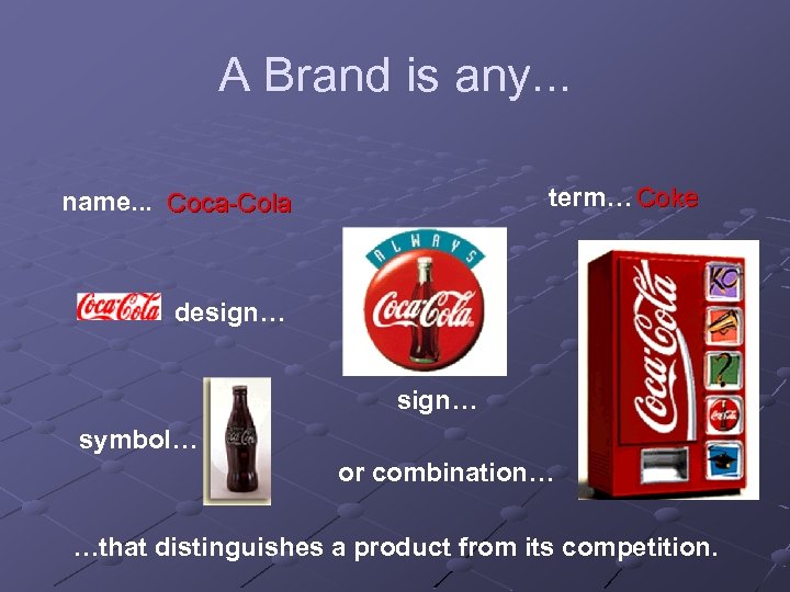 A Brand is any. . . term… Coke name. . . Coca-Cola design… symbol…