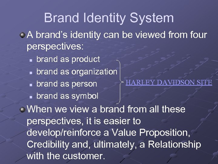 Brand Identity System A brand’s identity can be viewed from four perspectives: n n