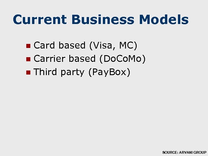 Current Business Models Card based (Visa, MC) n Carrier based (Do. Co. Mo) n