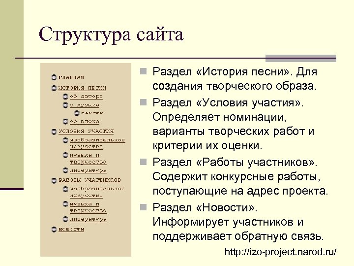 Структура сайта n Раздел «История песни» . Для создания творческого образа. n Раздел «Условия