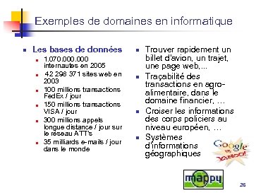 Exemples de domaines en informatique n Les bases de données n n n 1.