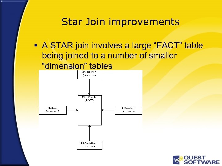 Star Join improvements § A STAR join involves a large “FACT” table being joined