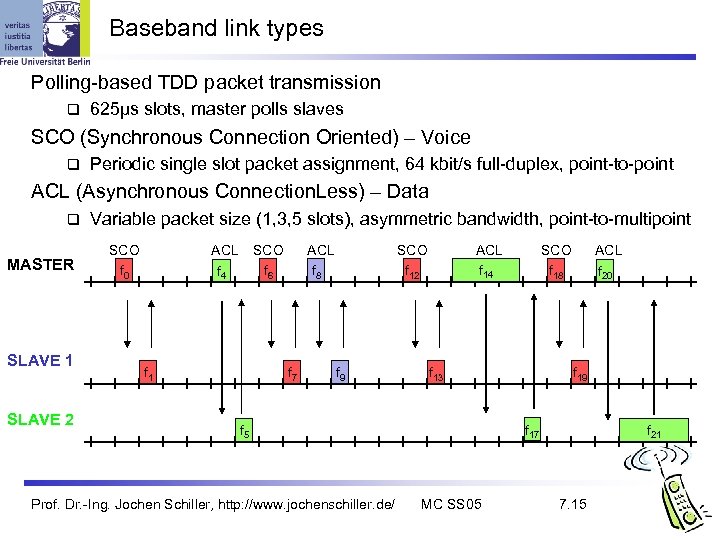 Baseband link types Polling-based TDD packet transmission q 625µs slots, master polls slaves SCO