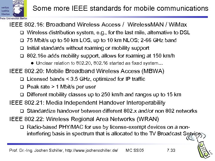 Some more IEEE standards for mobile communications IEEE 802. 16: Broadband Wireless Access /