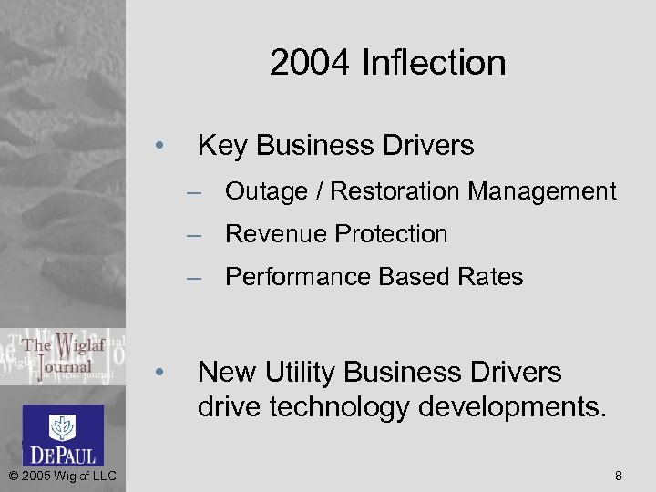 2004 Inflection • Key Business Drivers – Outage / Restoration Management – Revenue Protection