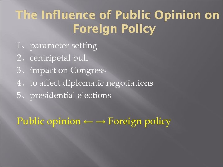 The Influence of Public Opinion on Foreign Policy 1、parameter setting 2、centripetal pull 3、impact on