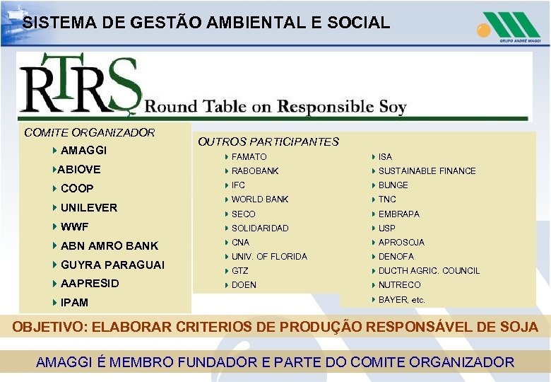 SISTEMA DE GESTÃO AMBIENTAL E SOCIAL COMITE ORGANIZADOR AMAGGI OUTROS PARTICIPANTES FAMATO ISA RABOBANK