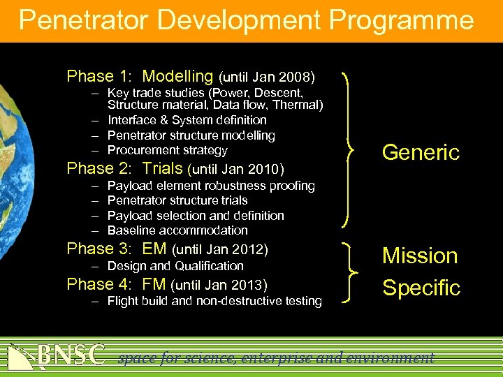 Penetrator Development Programme Phase 1: Modelling (until Jan 2008) – Key trade studies (Power,