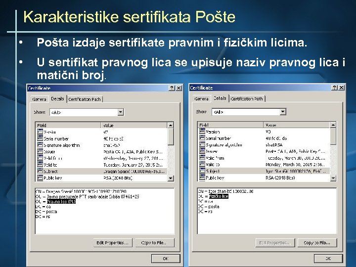 Karakteristike sertifikata Pošte • Pošta izdaje sertifikate pravnim i fizičkim licima. • U sertifikat