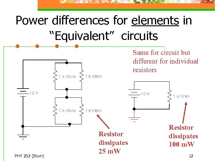 Power differences for elements in “Equivalent” circuits Same for circuit but different for individual