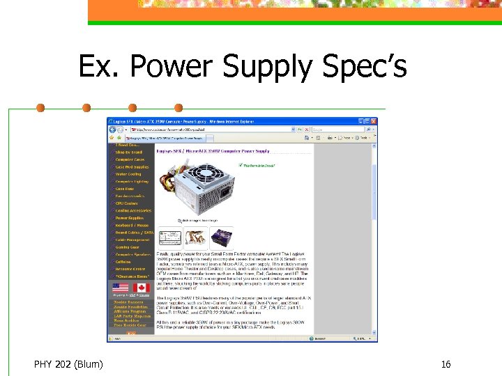 Ex. Power Supply Spec’s PHY 202 (Blum) 16 