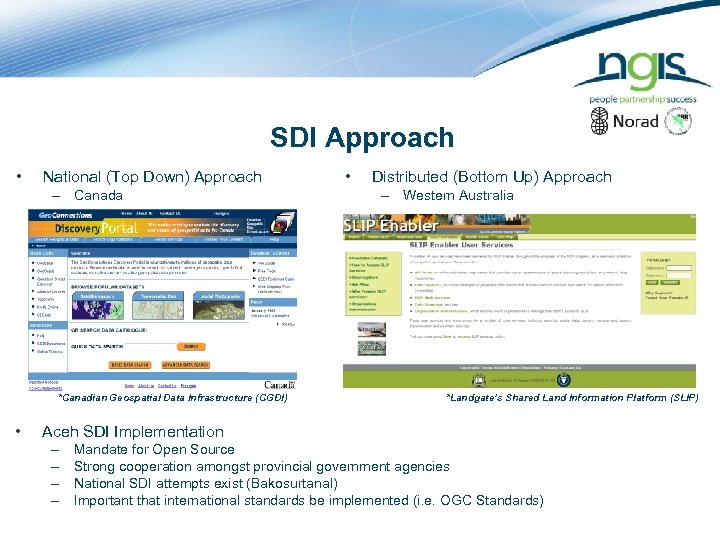 SDI Approach • National (Top Down) Approach – Canada *Canadian Geospatial Data Infrastructure (CGDI)