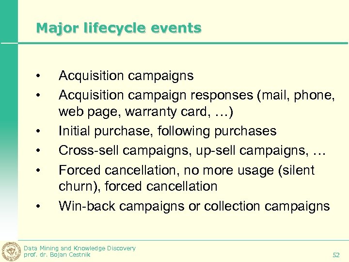 Major lifecycle events • • • Acquisition campaigns Acquisition campaign responses (mail, phone, web