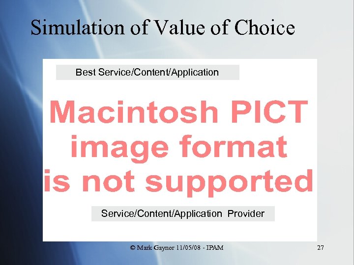 Simulation of Value of Choice Best Service/Content/Application Provider © Mark Gaynor 11/05/08 - IPAM