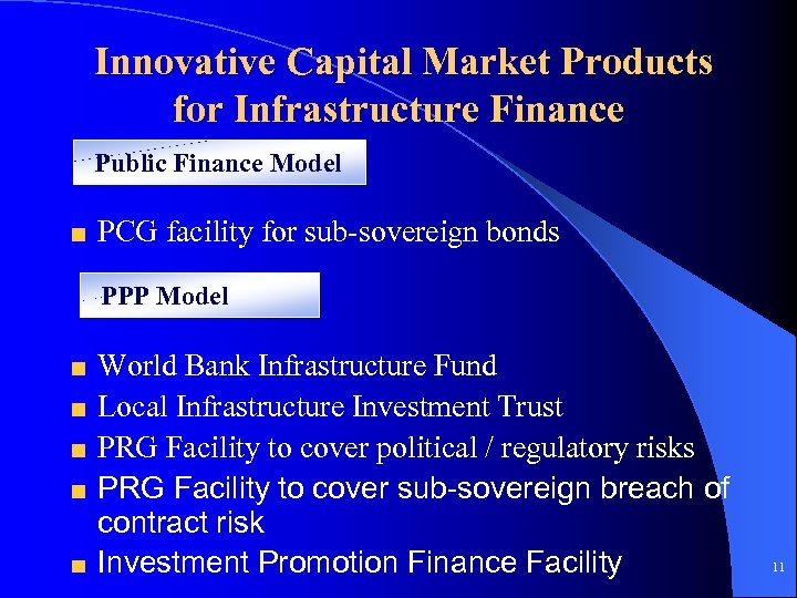 Innovative Capital Market Products for Infrastructure Finance Public Finance Model PCG facility for sub-sovereign