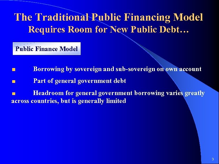 The Traditional Public Financing Model Requires Room for New Public Debt… Public Finance Model