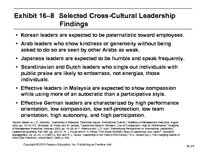 Exhibit 16– 8 Selected Cross-Cultural Leadership Findings • Korean leaders are expected to be