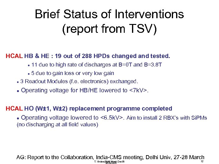 Brief Status of Interventions (report from TSV) HCAL HB & HE : 19 out