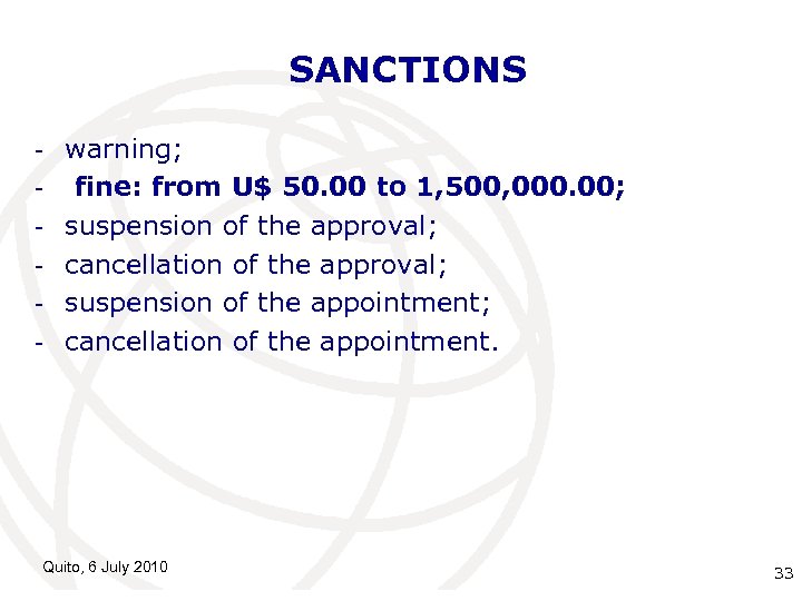 SANCTIONS - warning; fine: from U$ 50. 00 to 1, 500, 000. 00; suspension