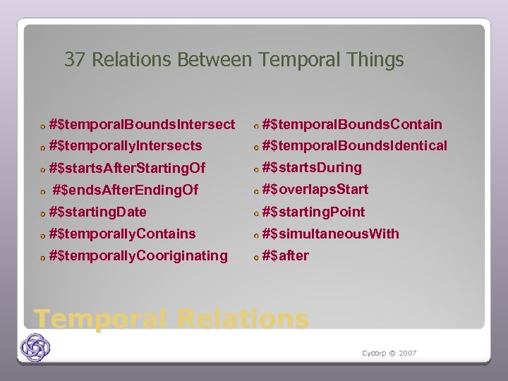 37 Relations Between Temporal Things #$temporal. Bounds. Intersect #$temporal. Bounds. Contain #$temporally. Intersects #$temporal.