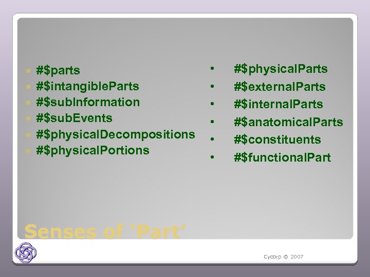  #$parts #$intangible. Parts #$sub. Information #$sub. Events #$physical. Decompositions #$physical. Portions • •